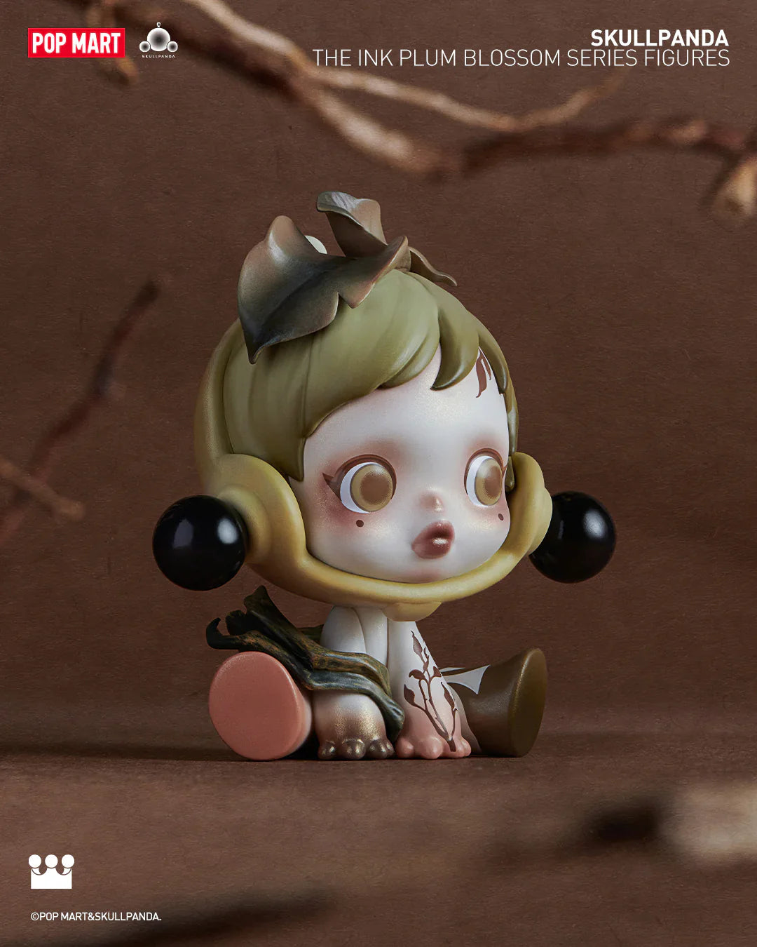 Skullpanda Ink Plum Blossom figure with green leaf headpiece, POP MART collectible art toy.
