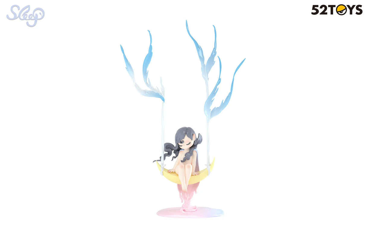 Sleep Dreamland Elves figure swinging on a crescent moon with icy-blue flame wings.