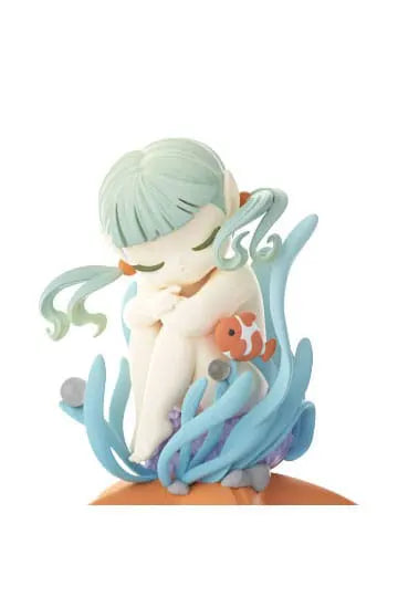 Light green-haired sea elf cuddling a clownfish, seated in blue coral.