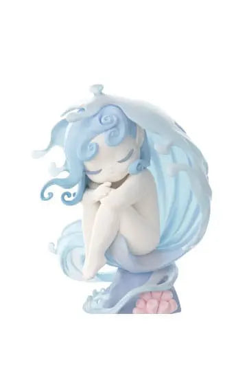 Blue-haired sea elf with wave details resting on seashell-shaped throne.