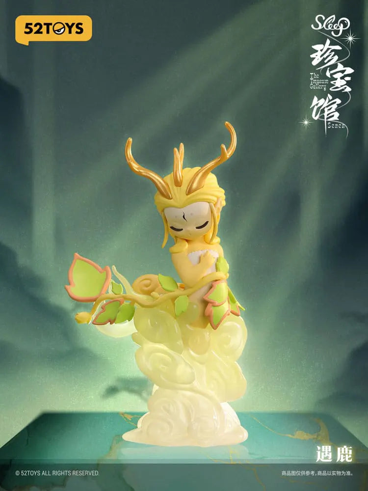 Golden antlered Sleep figure symbolizing nature, standing on glowing leaves