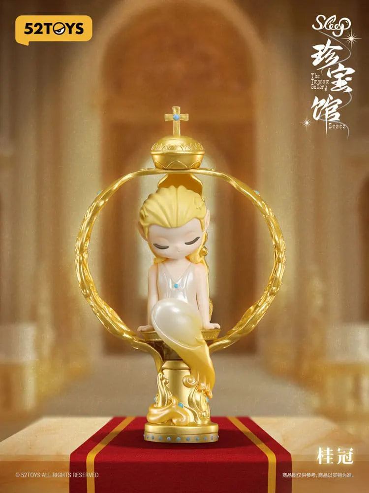 Sleep princess sitting inside a crown-shaped halo with a pearl-like dress and golden base