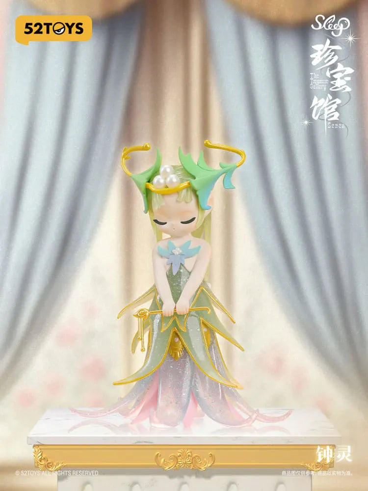 Elegant fairy-like Sleep figure with a crown of pearls and layered dress in pastel tones