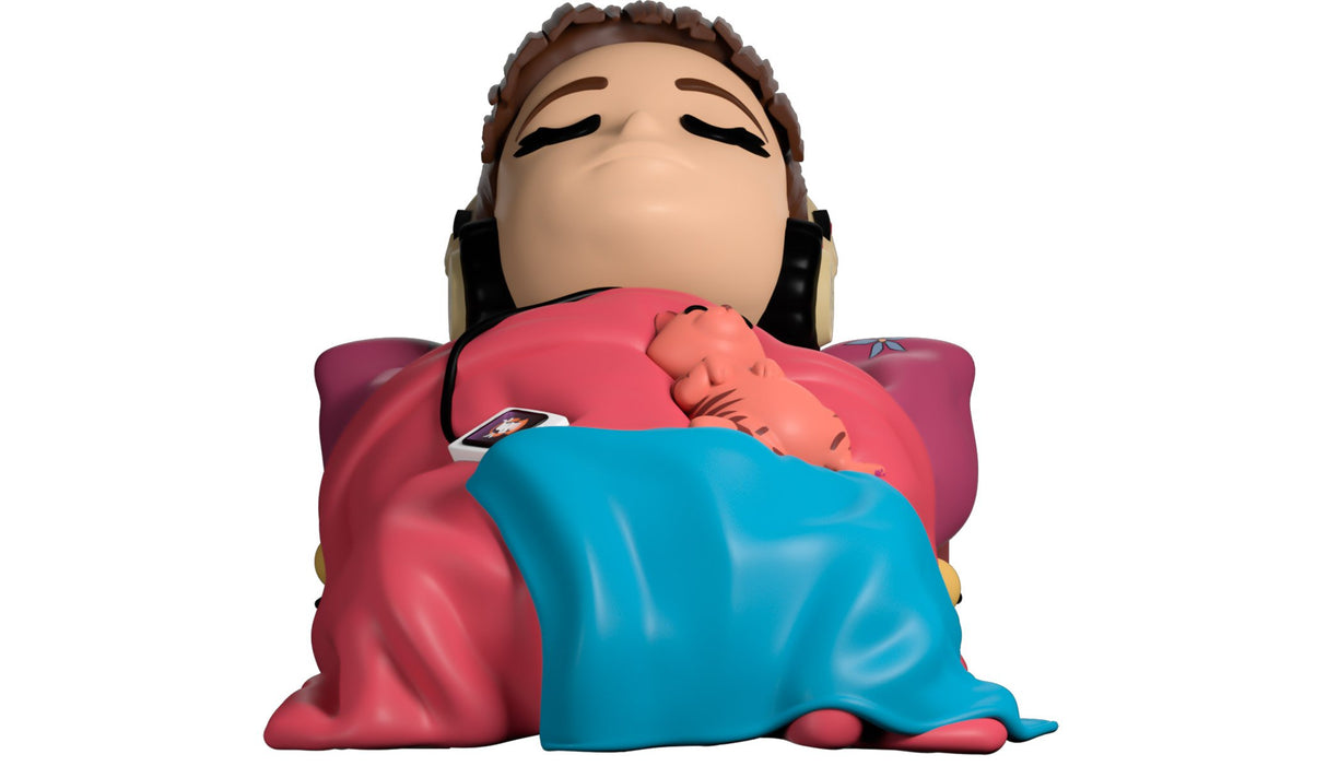 Sleepy Lofi Girl Youtooz vinyl figure front view lying in bed with headphones and cat