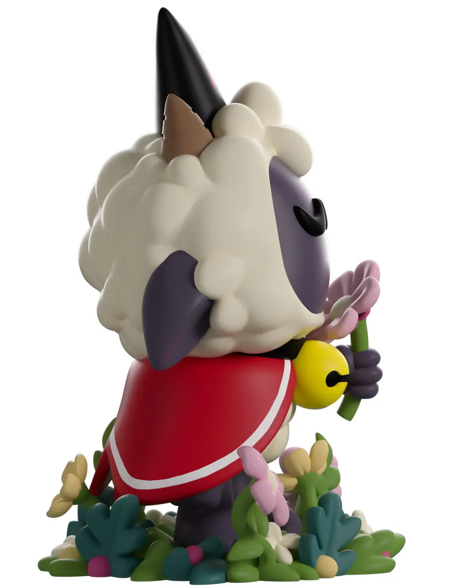 Spring Lamb Youtooz Cult of the Lamb figure angled rear view with floral base