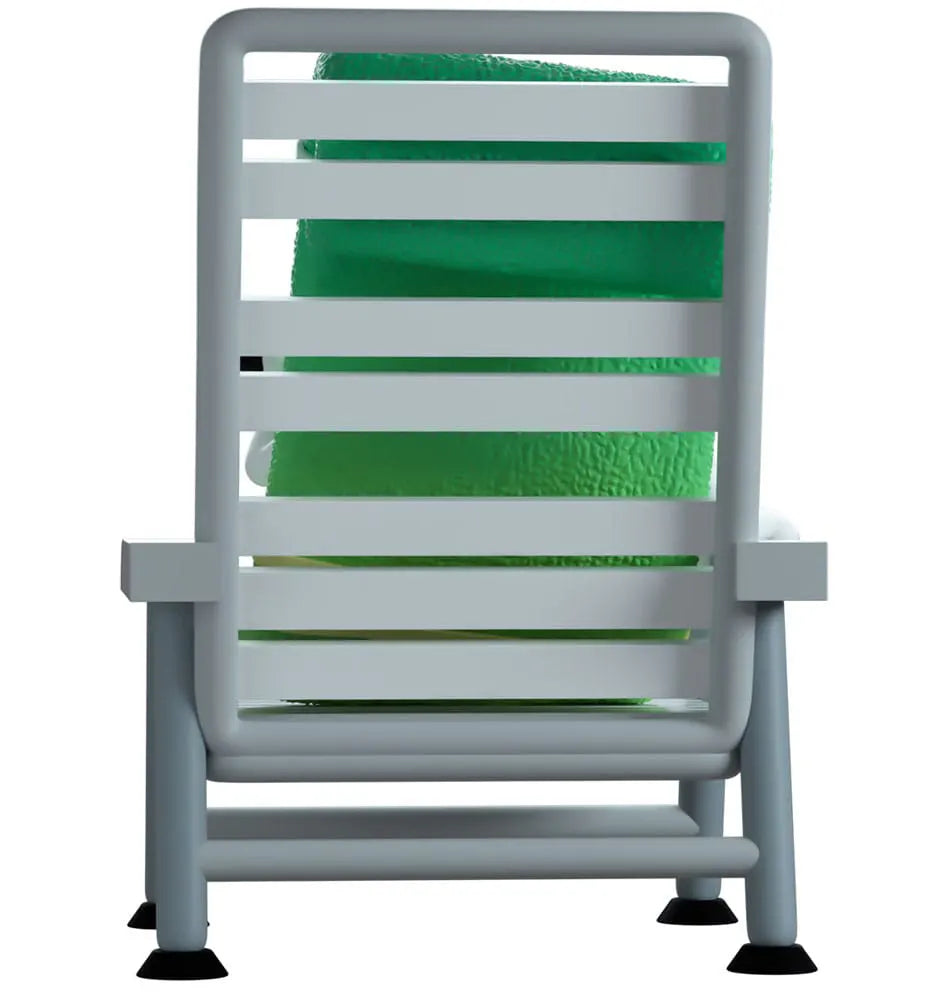 Back view of Towelie vinyl figure seated in a white lawn chair