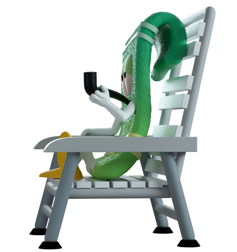 Right side angle of lounging Towelie Youtooz figure with pipe