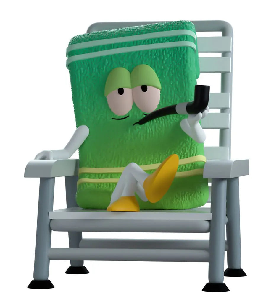 Front view of green Towelie vinyl figure from South Park in chair