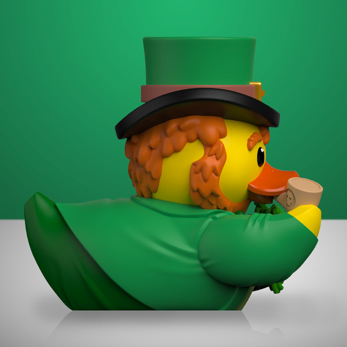 Side profile of St. Patrick’s Day TUBBZ duck in green outfit and top hat