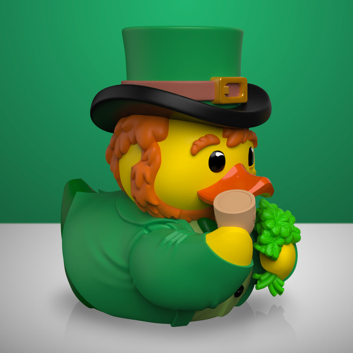 Front view of leprechaun TUBBZ duck smoking a pipe and holding shamrocks