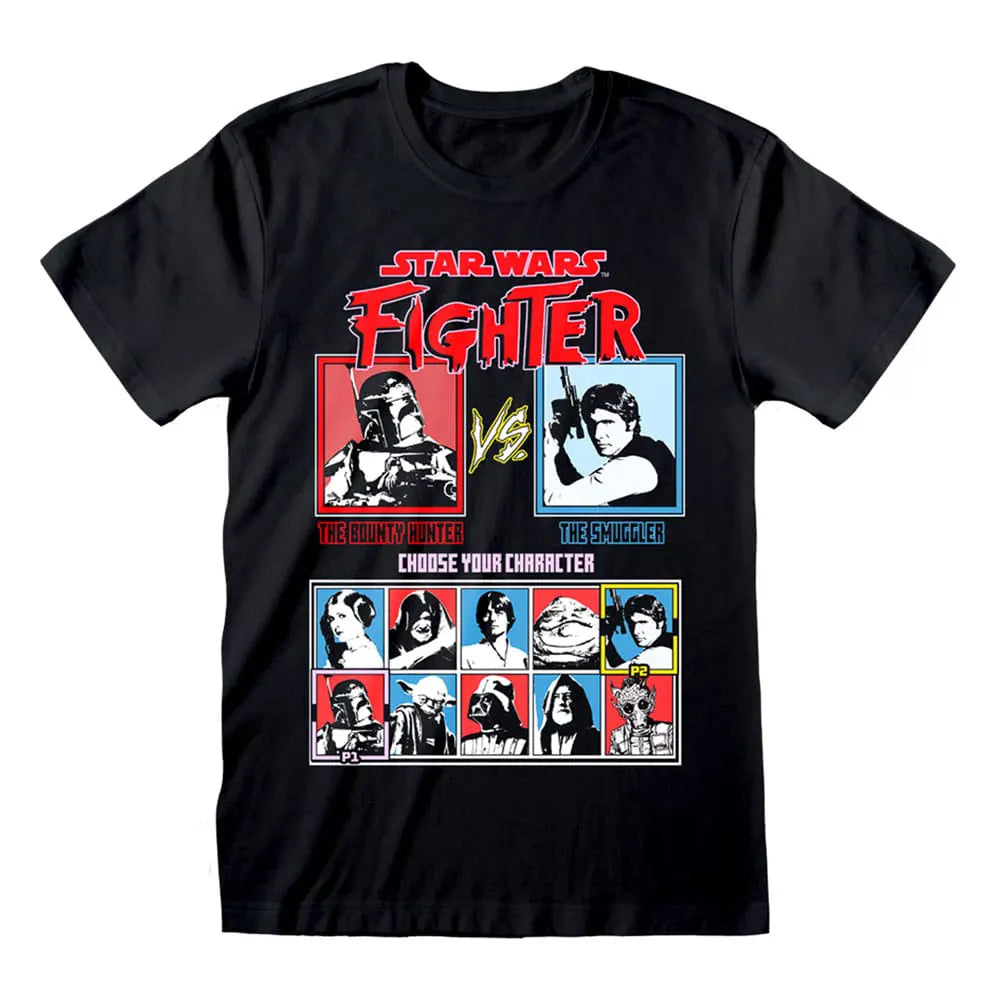 Star Wars arcade fighter T-shirt featuring Boba Fett vs Han Solo on black fabric