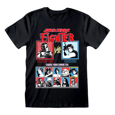 Star Wars arcade fighter T-shirt featuring Boba Fett vs Han Solo on black fabric