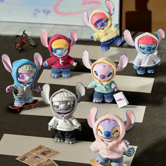 Full lineup of Stitch GenZ Street Plush Blind Box figures in colorful hoodies and denim outfits.