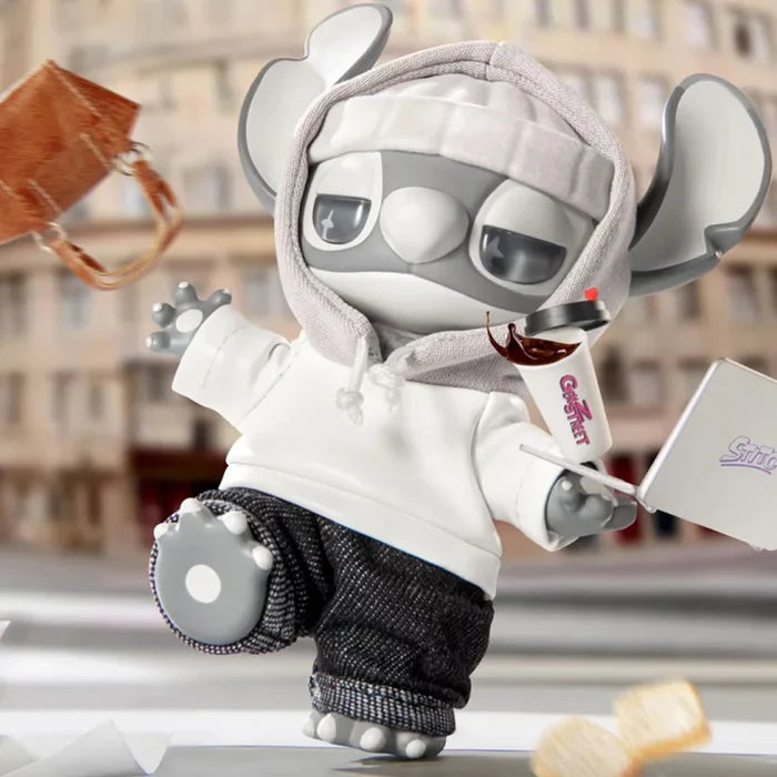Black-and-white Stitch GenZ Street figure in hoodie and jeans holding drink and shopping bag.