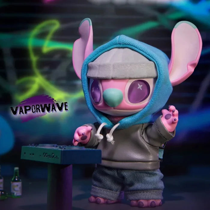 Vaporwave Stitch GenZ Street Blind Box edition in teal hoodie performing at a DJ set.