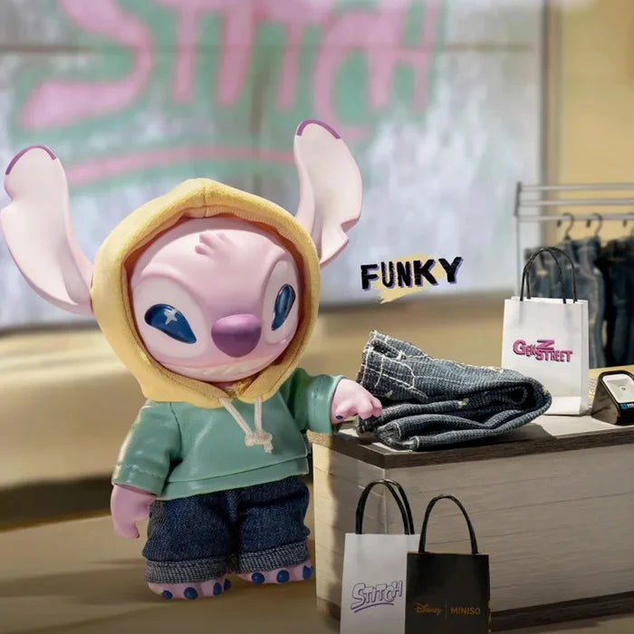 Flash edition Stitch from GenZ Street Plush Blind Box wearing yellow hoodie on runway.