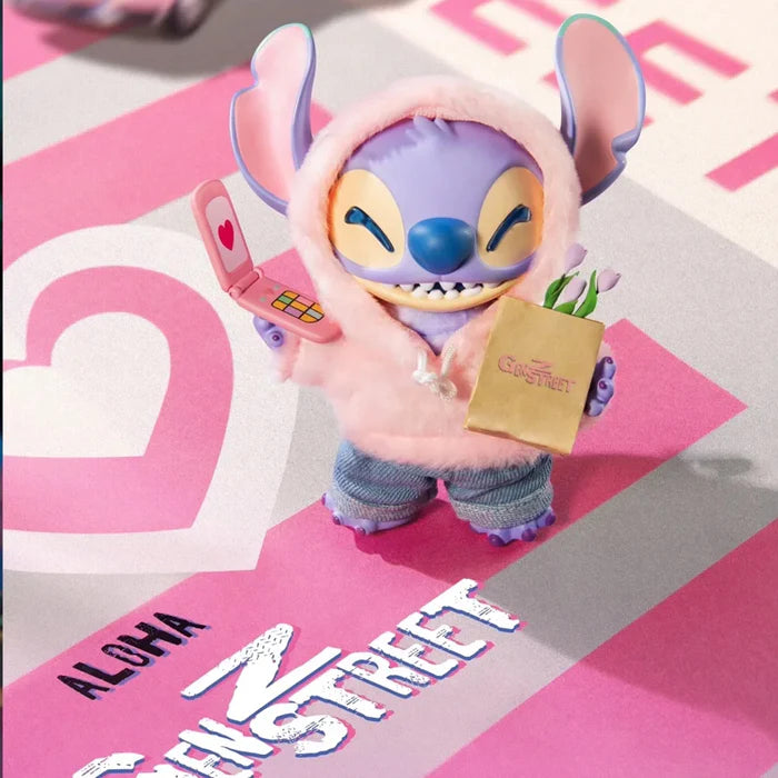 Funky Stitch Blind Box figure in mint green hoodie with shopping bags and denim jeans.