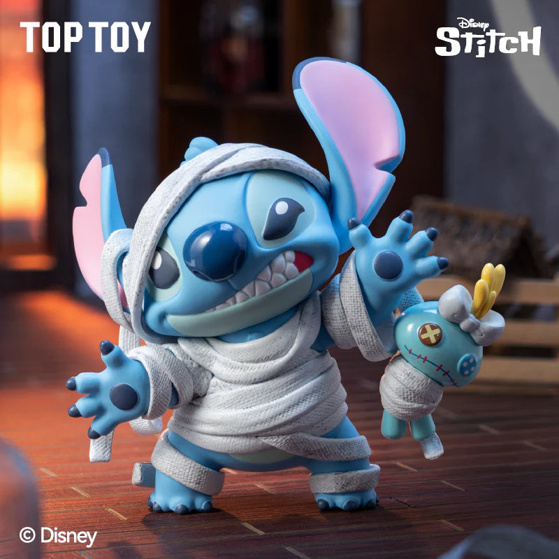 Disney Stitch blind box collectible from Wacky Diary 2.0, Stitch in a mummy costume holding Scrump.
