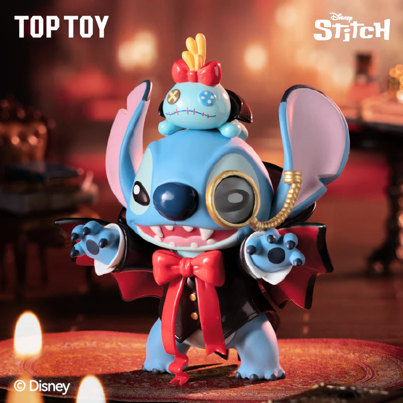 Stitch blind box collectible in a Dracula-inspired vampire outfit with Scrump on his head.