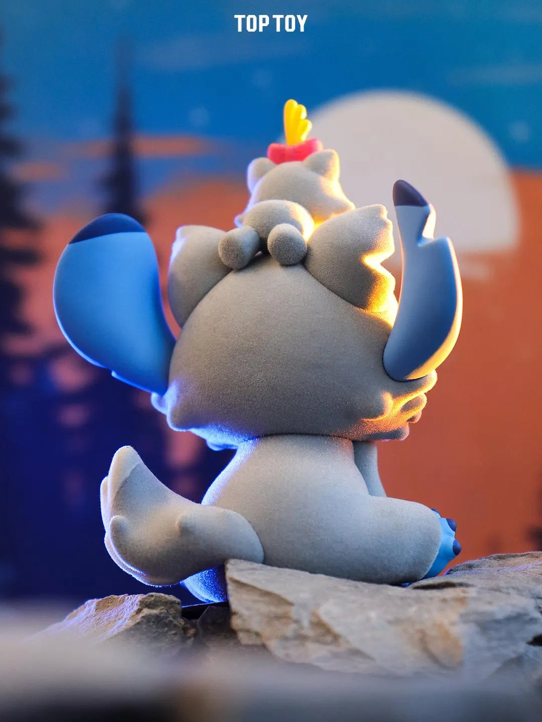 Back of flocked Stitch figure in werewolf costume with Scrump doll hat.