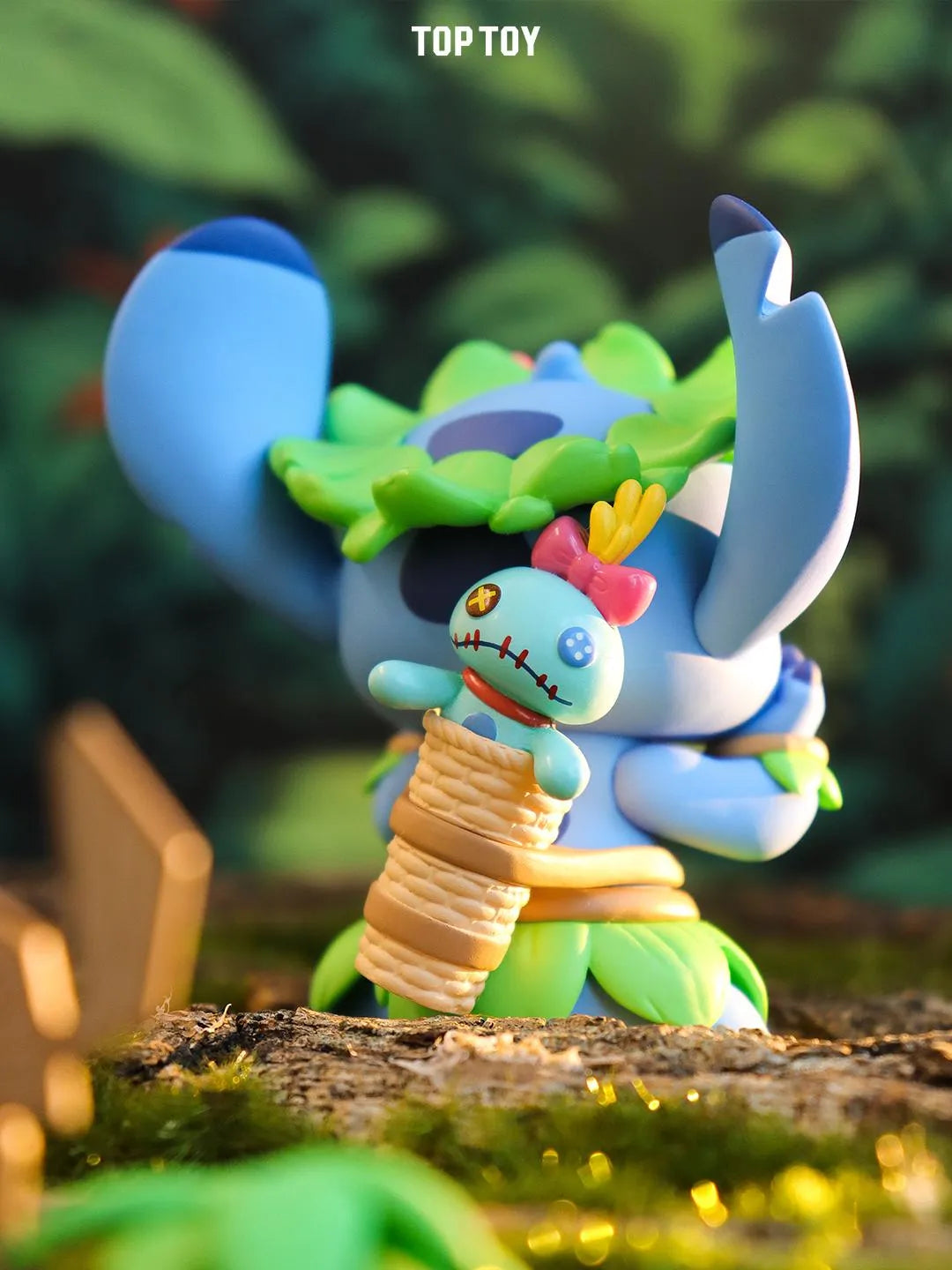 Back of hula Stitch collectible figure with grass skirt and tiki idol accessory.