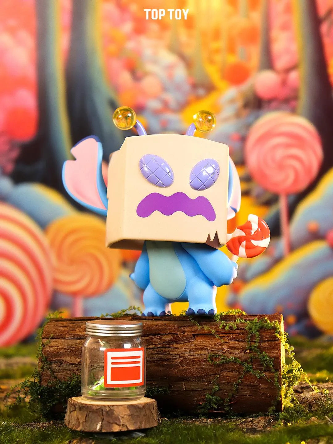 Stitch collectible figure with a paper bag mask and lollipop from the Weird Diary Series Blind Box by TOP TOY.