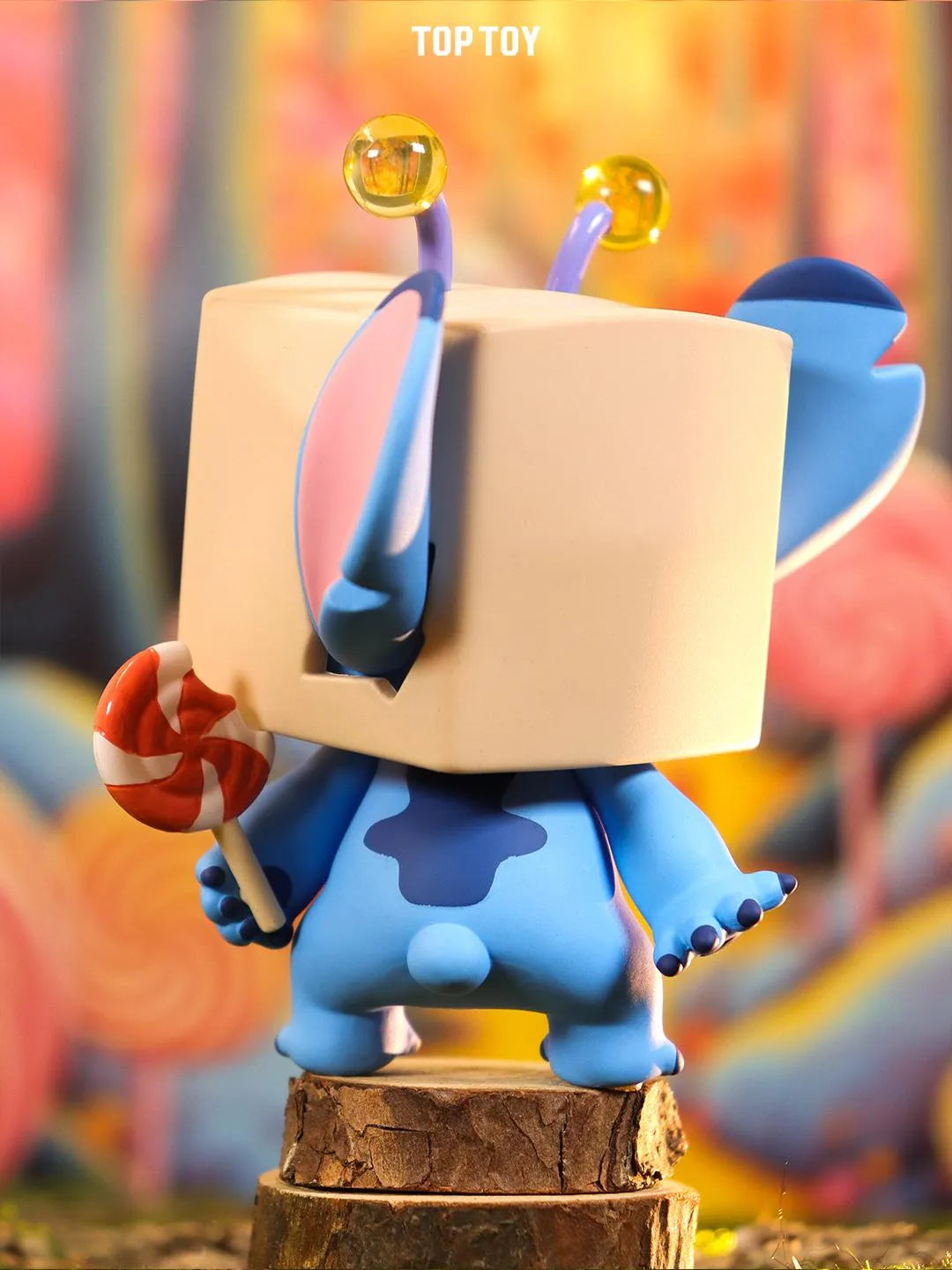 Back of Stitch collectible figure with a paper bag mask and lollipop from the Weird Diary Series Blind Box by TOP TOY.