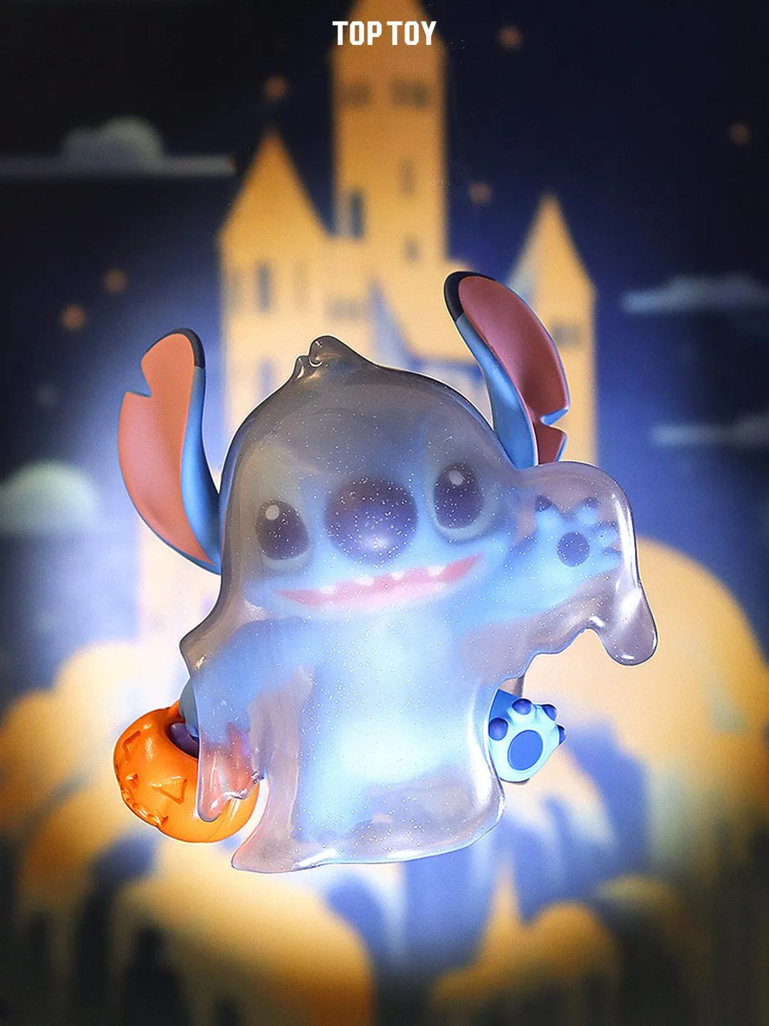 Ghost-themed Stitch vinyl figure with translucent sheet and pumpkin bucket from the Weird Diary Series.