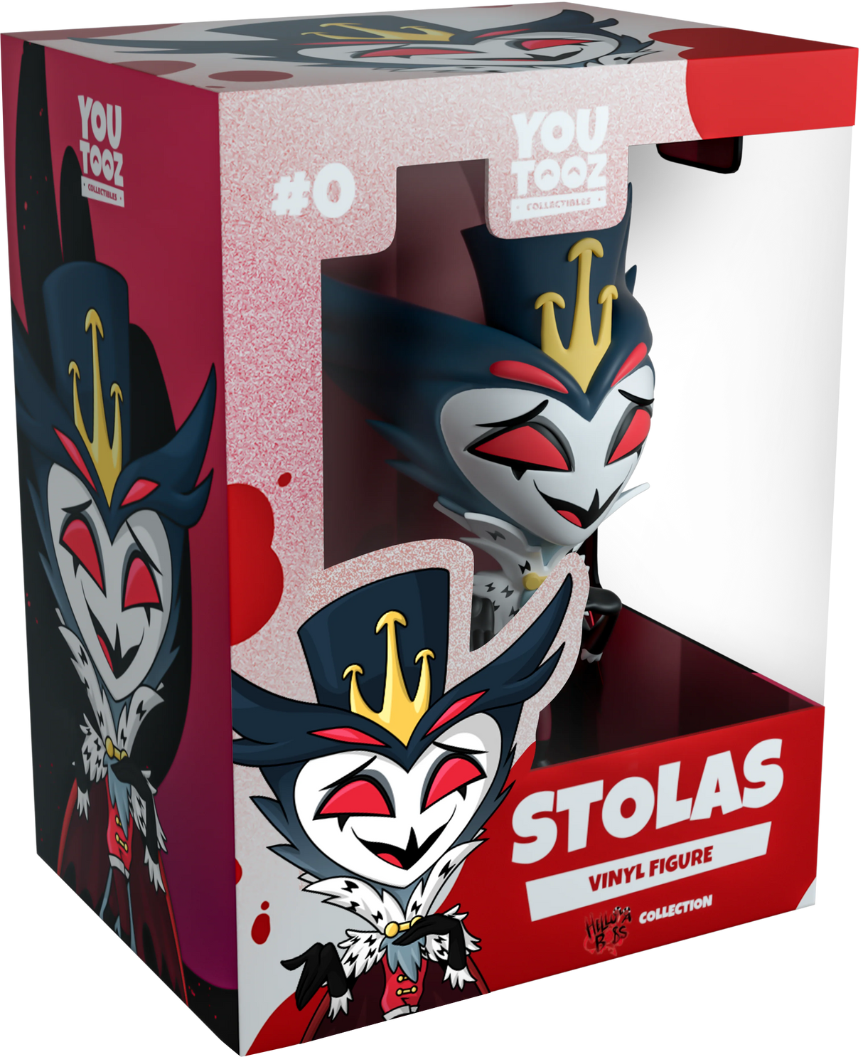 Stolas Helluva Boss Youtooz vinyl figure in display box with red and black artwork.