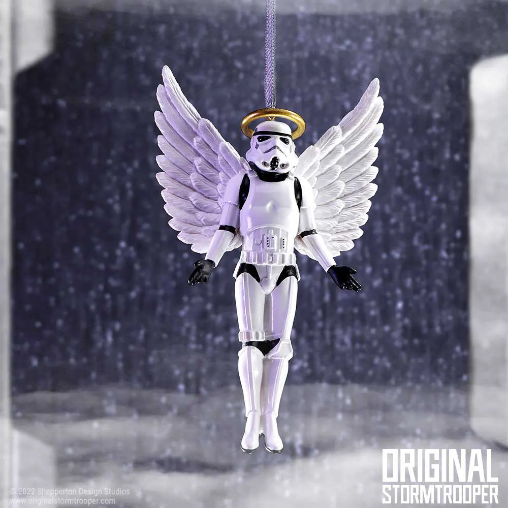 Stormtrooper angel hanging ornament displayed on a Christmas tree