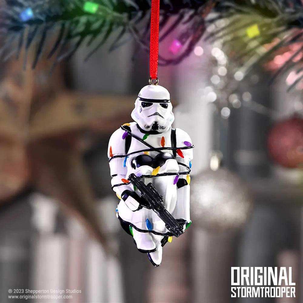 Stormtrooper In Fairy Lights ornament hanging on a Christmas tree