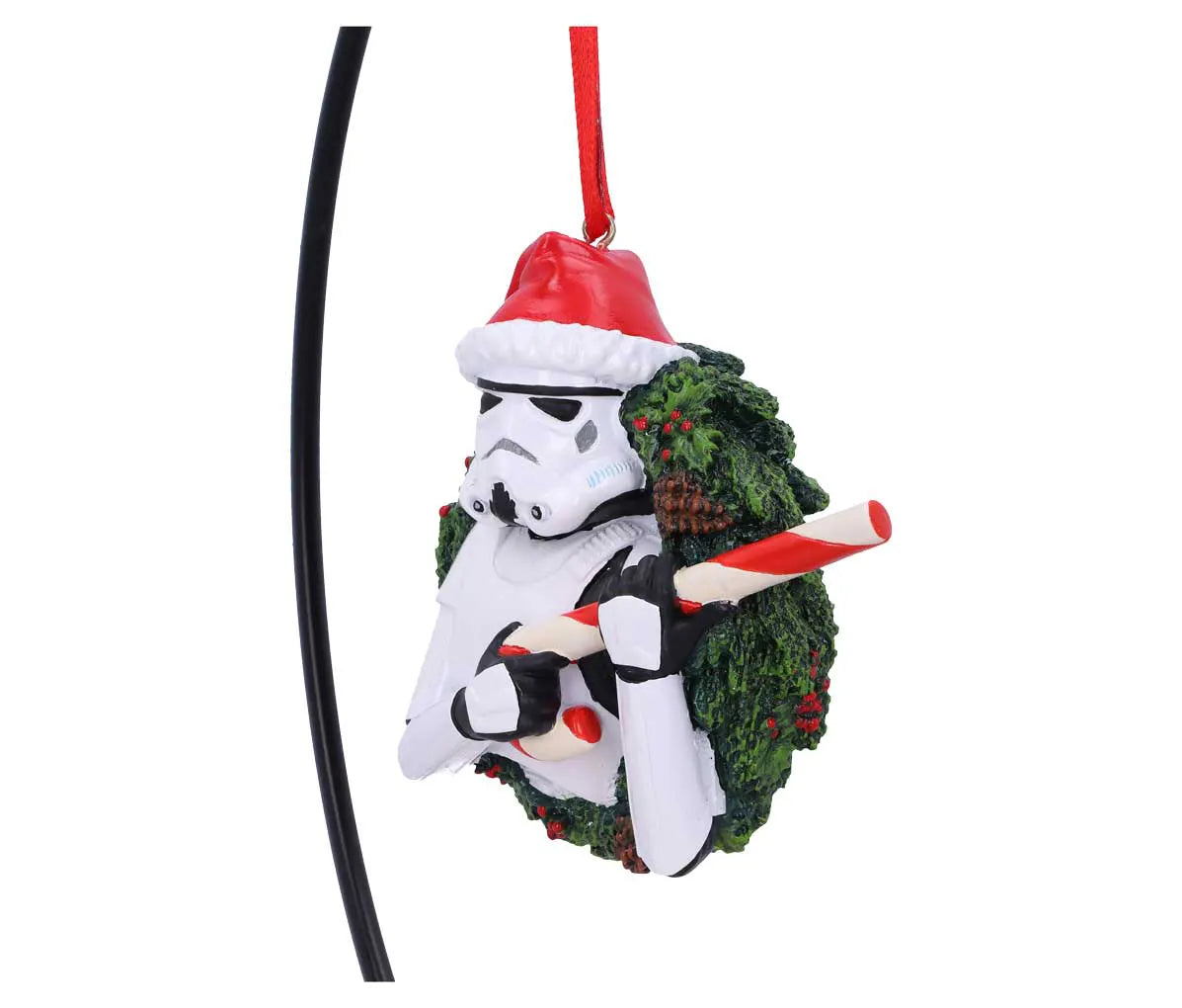 Angled view of Stormtrooper wreath Christmas ornament