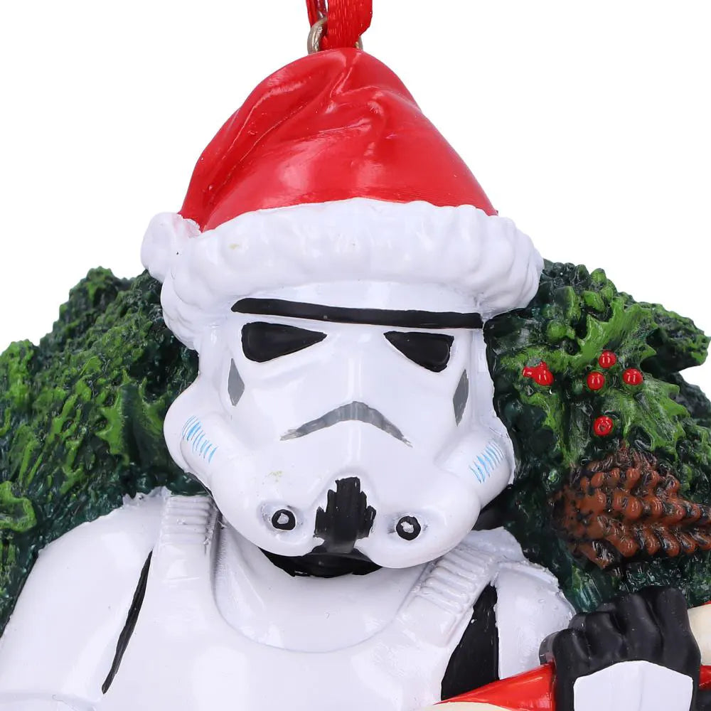 Close-up of Stormtrooper wearing a Santa hat