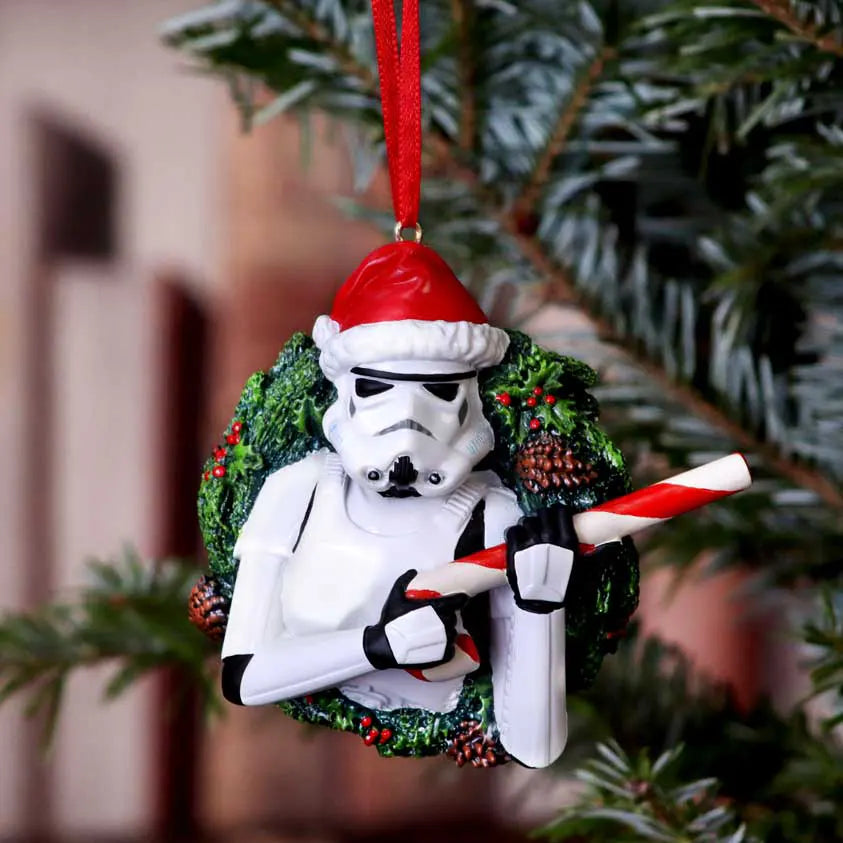 Stormtrooper Christmas wreath ornament displayed on festive décor