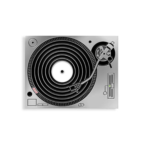 DJ turntable enamel pin in black and silver
