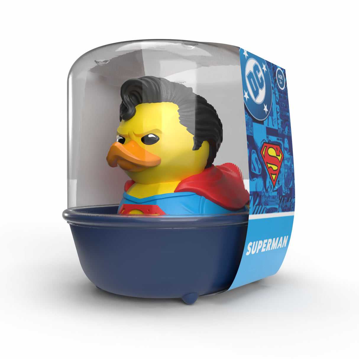 Superman Mini TUBBZ duck figure in its display bathtub packaging.
