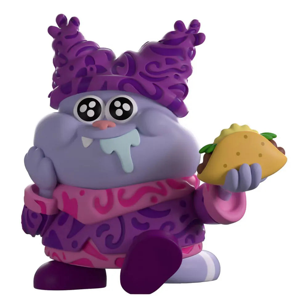 Chowder Youtooz vinyl figure holding a taco in his left hand, wearing purple and pink outfit, drooling with excitement.