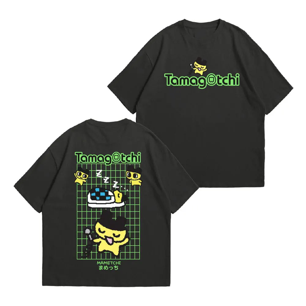 Black Tamagotchi Grid Tee with pixel Mametchi front and back print on cotton shirt