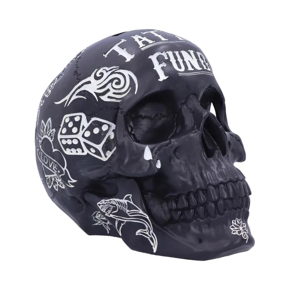 Left side view of tattooed skull coin bank