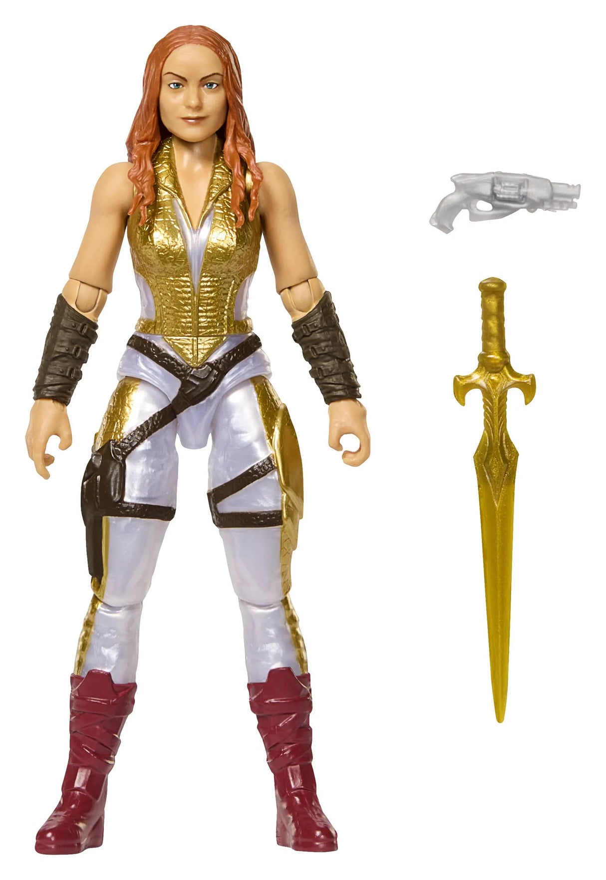 Teela Masters of the Universe 2026 movie action figure with sword and pistol accessories displayed beside figure