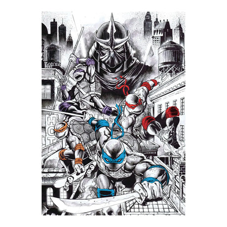 Teenage Mutant Ninja Turtles 40th Anniversary Art Print with Shredder and all four turtles in black and white illustration