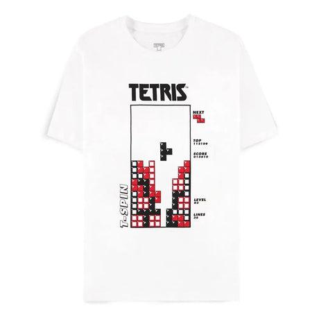Front view of official white Tetris T-Spin graphic t-shirt featuring falling blocks and score display.