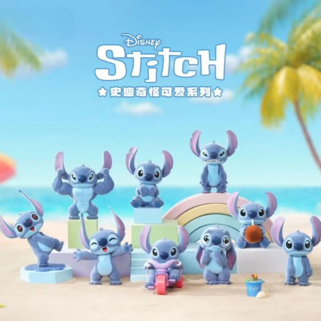 Full lineup of The Cute Stitch Series Blind Box collectible figures displayed on a beach background