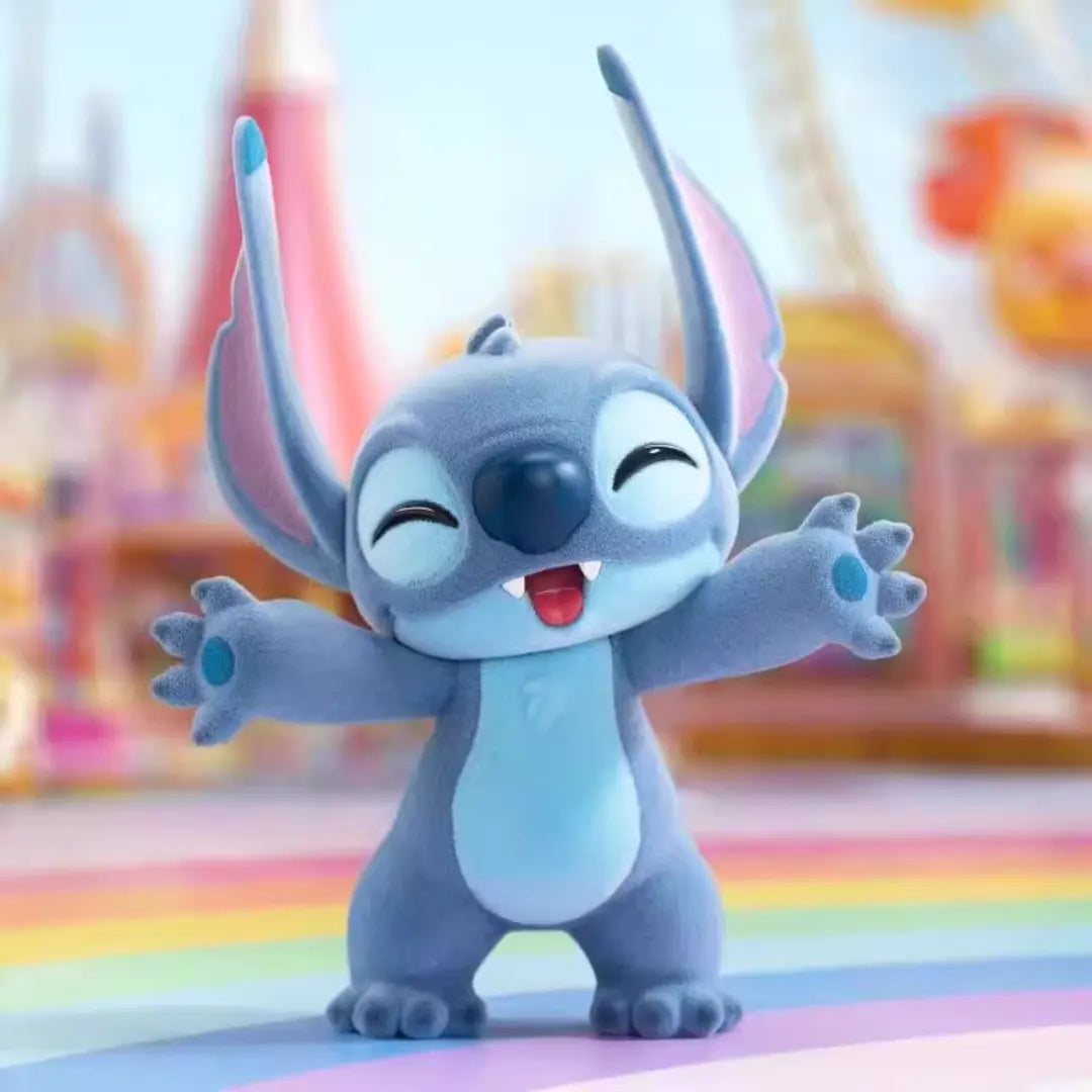 Happy Stitch flocked vinyl figure with arms wide open at a theme park