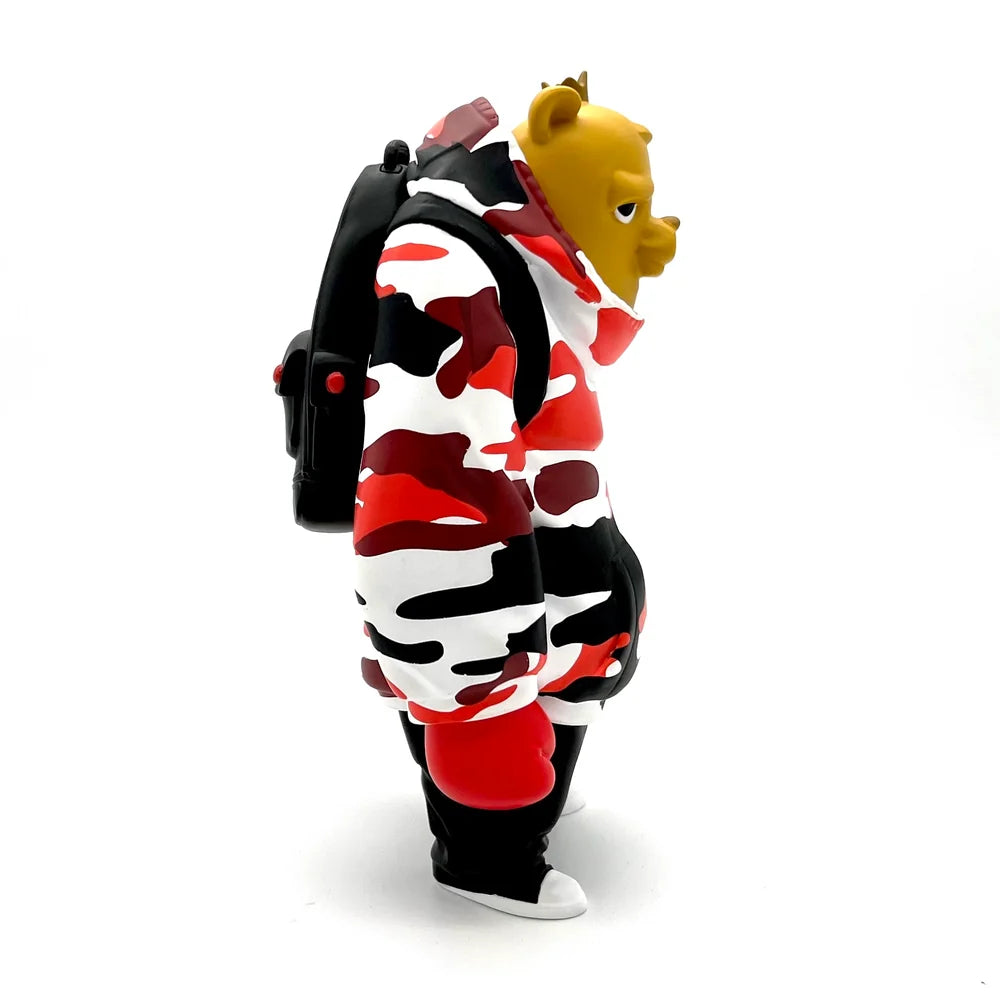 The Kub Champ Red Camo designer toy side view with black backpack