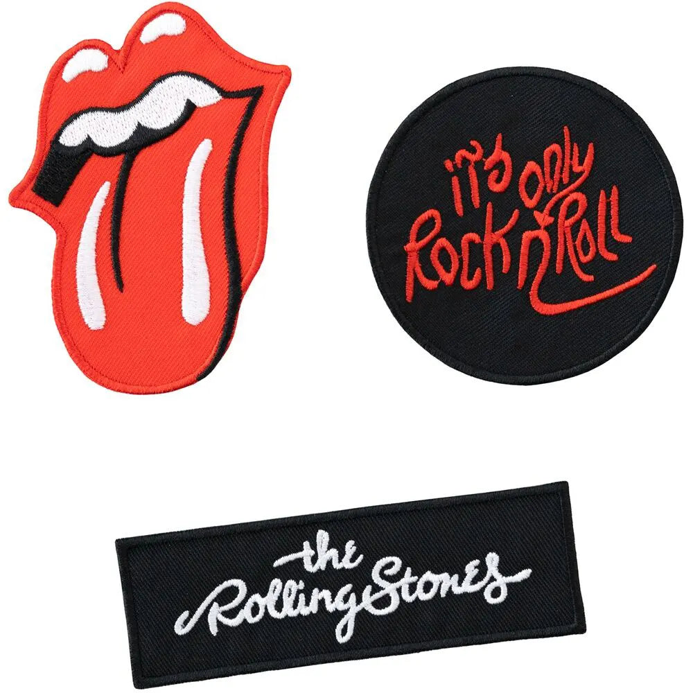 Three Rolling Stones patches including tongue and lips logo, circular It’s Only Rock ’n’ Roll design, and classic script logo.