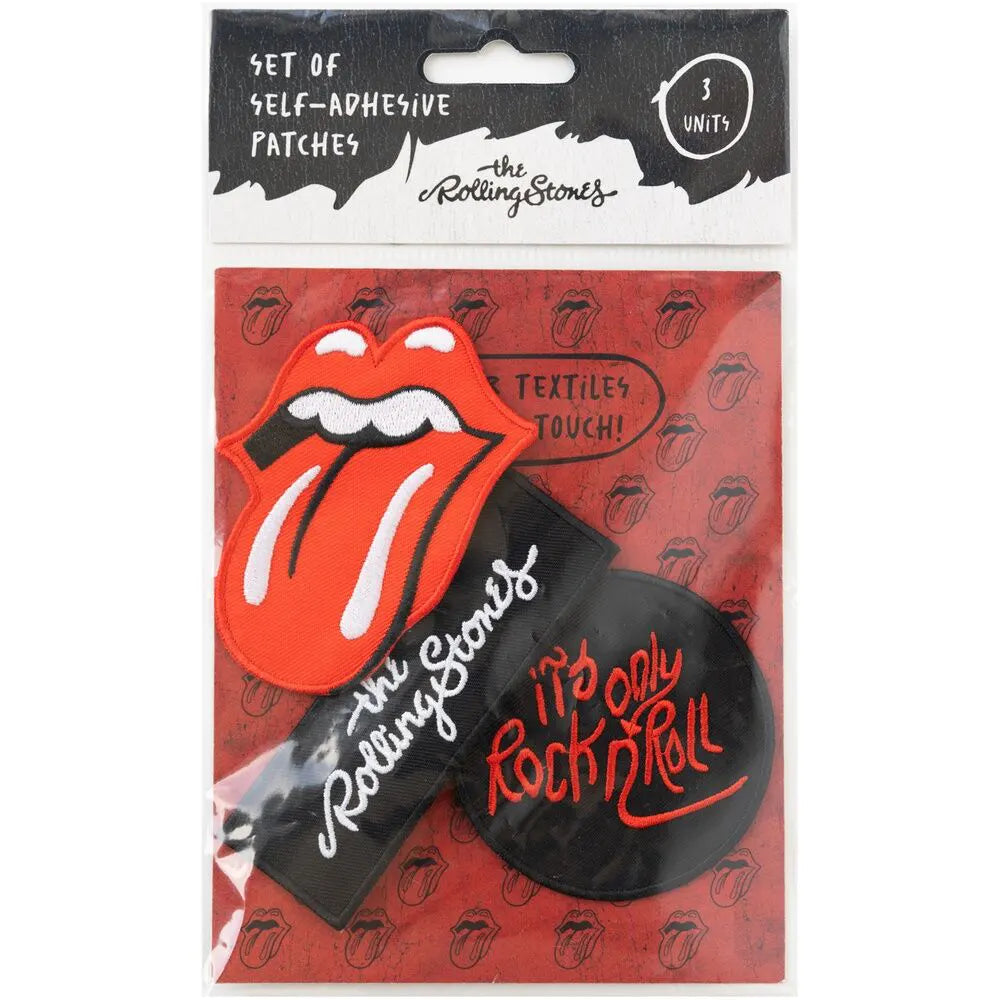 Packaged Rolling Stones patch set with red background and three embroidered designs.