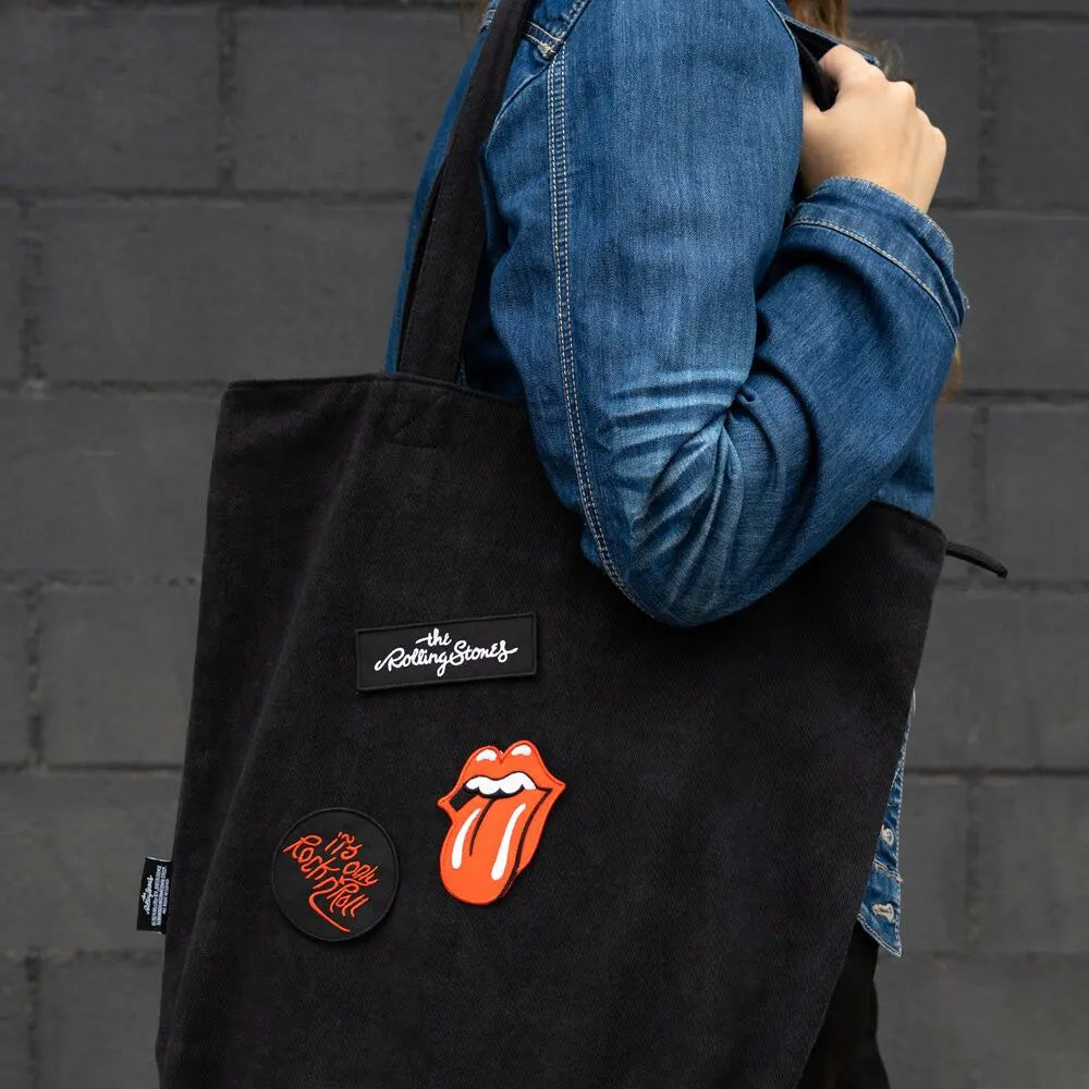 The Rolling Stones 3-piece patch set in packaging with iconic tongue logo, script logo, and rock ’n’ roll patch.
