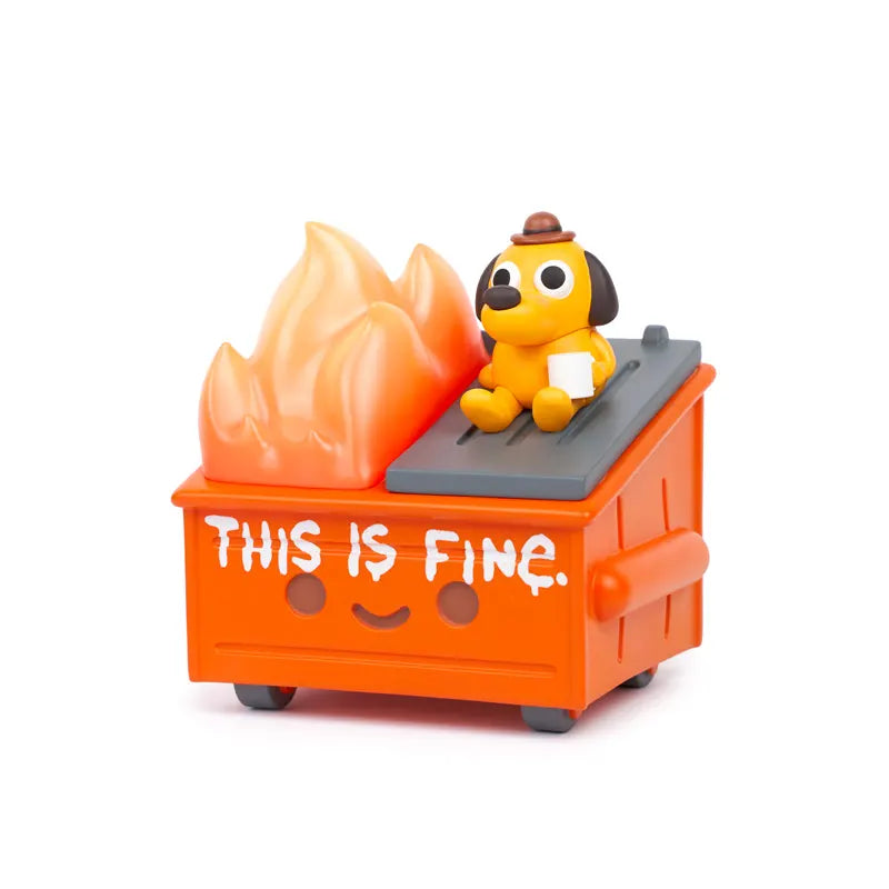 Meme-inspired vinyl toy featuring the This Is Fine dog and dumpster flames
