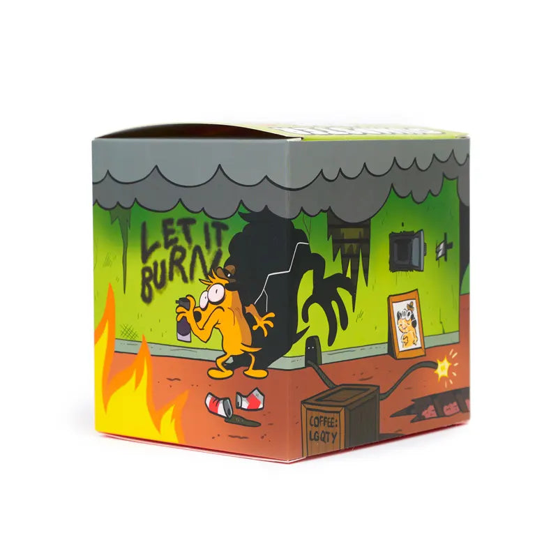Cartoonish flames and chaos illustrated on product box